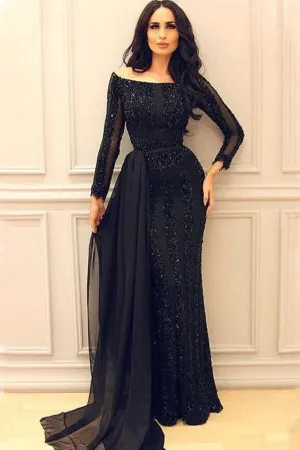 Sexy Black Long Sleeves Sequined Prom Dresses Off-the-Shoulder