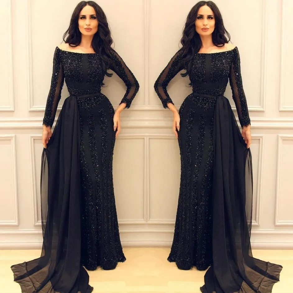 Sexy Black Long Sleeves Sequined Prom Dresses Off-the-Shoulder