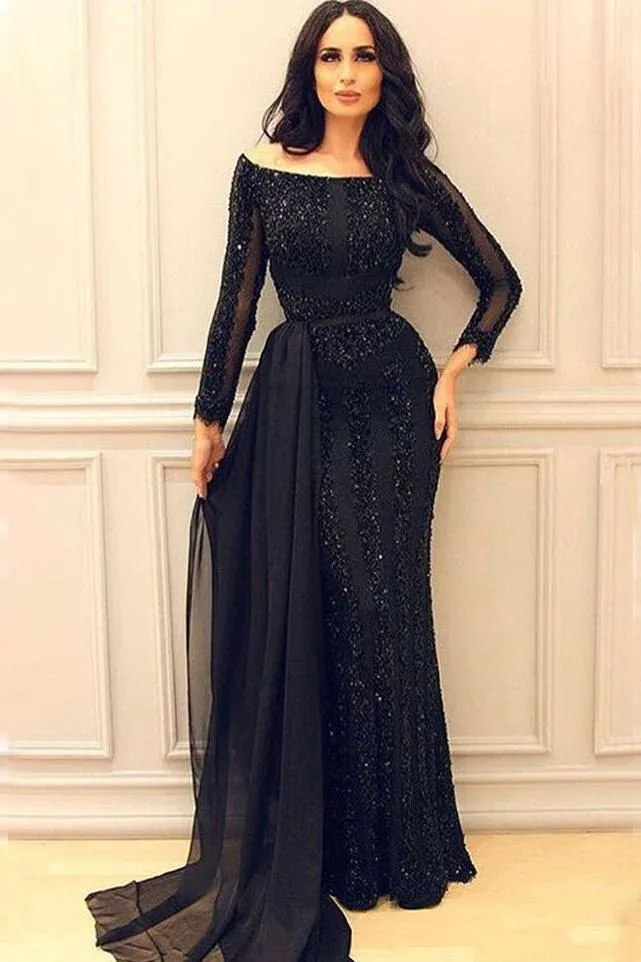Sexy Black Long Sleeves Sequined Prom Dresses Off-the-Shoulder