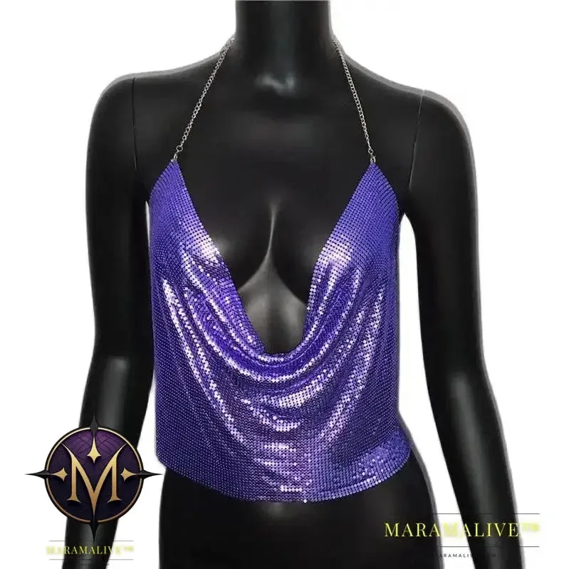 Sexy Metal Sequins Tank Top For Women Summer V Neck Backless Crop Tops Luxury Solid Short Party Nightclub Tank Tops