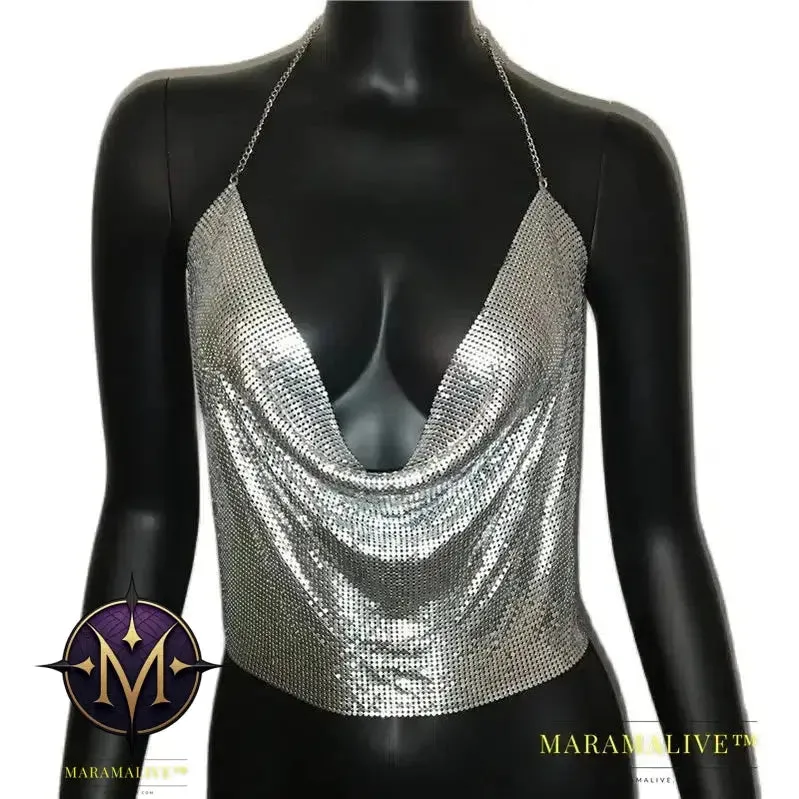 Sexy Metal Sequins Tank Top For Women Summer V Neck Backless Crop Tops Luxury Solid Short Party Nightclub Tank Tops