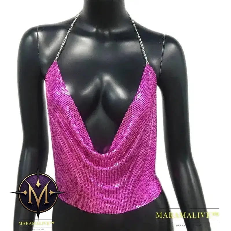 Sexy Metal Sequins Tank Top For Women Summer V Neck Backless Crop Tops Luxury Solid Short Party Nightclub Tank Tops