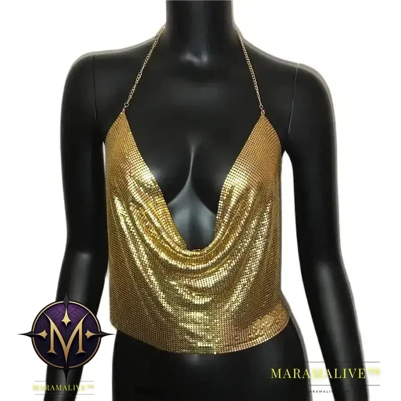 Sexy Metal Sequins Tank Top For Women Summer V Neck Backless Crop Tops Luxury Solid Short Party Nightclub Tank Tops