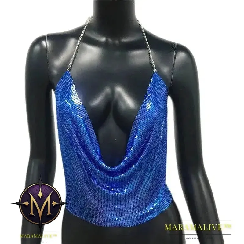 Sexy Metal Sequins Tank Top For Women Summer V Neck Backless Crop Tops Luxury Solid Short Party Nightclub Tank Tops
