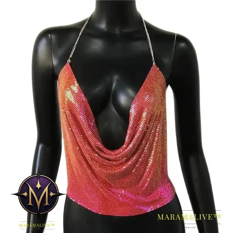 Sexy Metal Sequins Tank Top For Women Summer V Neck Backless Crop Tops Luxury Solid Short Party Nightclub Tank Tops