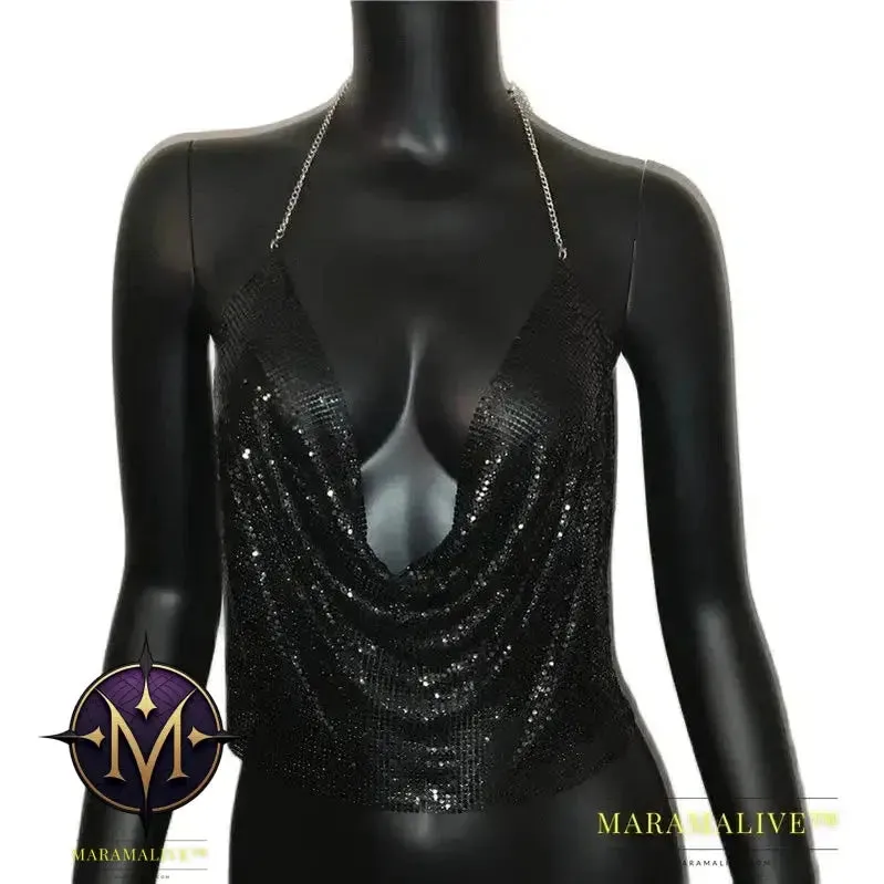 Sexy Metal Sequins Tank Top For Women Summer V Neck Backless Crop Tops Luxury Solid Short Party Nightclub Tank Tops