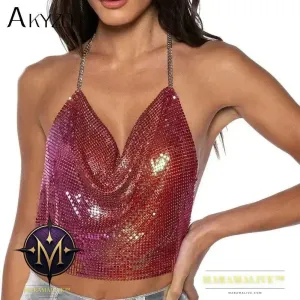 Sexy Metal Sequins Tank Top For Women Summer V Neck Backless Crop Tops Luxury Solid Short Party Nightclub Tank Tops
