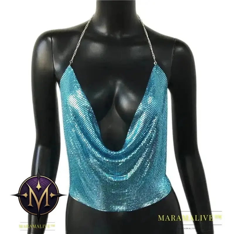 Sexy Metal Sequins Tank Top For Women Summer V Neck Backless Crop Tops Luxury Solid Short Party Nightclub Tank Tops