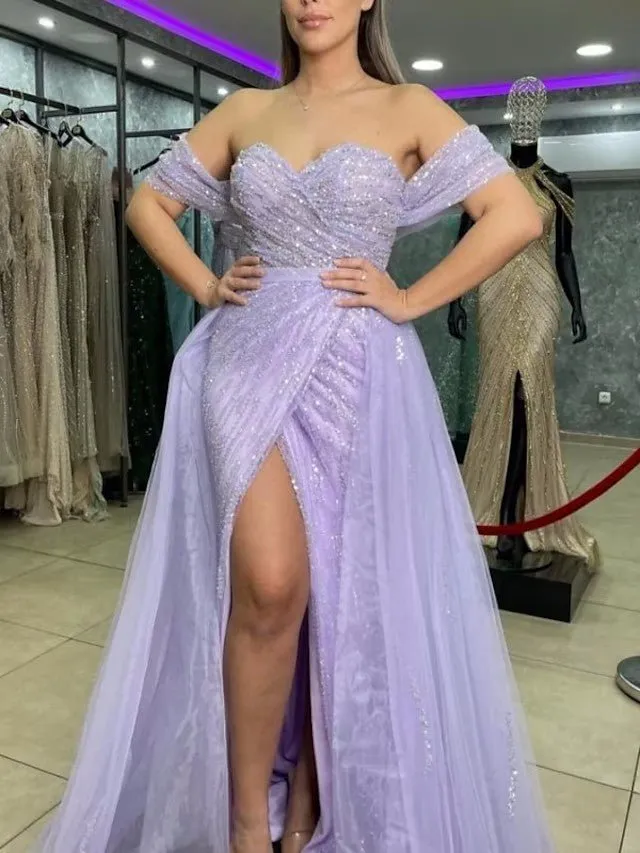 Sheath / Column Prom Dresses Sparkle & Shine Dress Prom Sweep / Brush Train Short Sleeve Sweetheart Detachable Sequined with Slit Overskirt