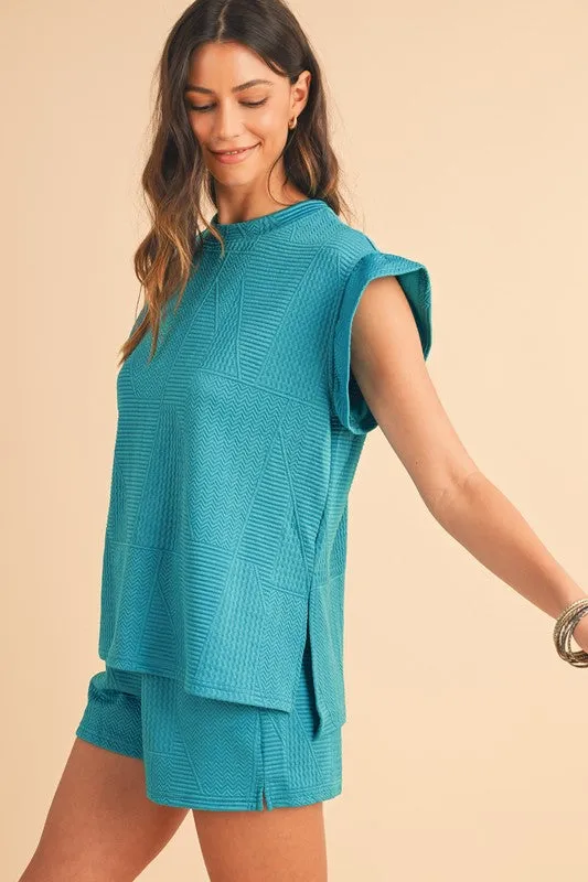SHEWIN INC. Textured Ruffle Split Top and Drawstring Shorts