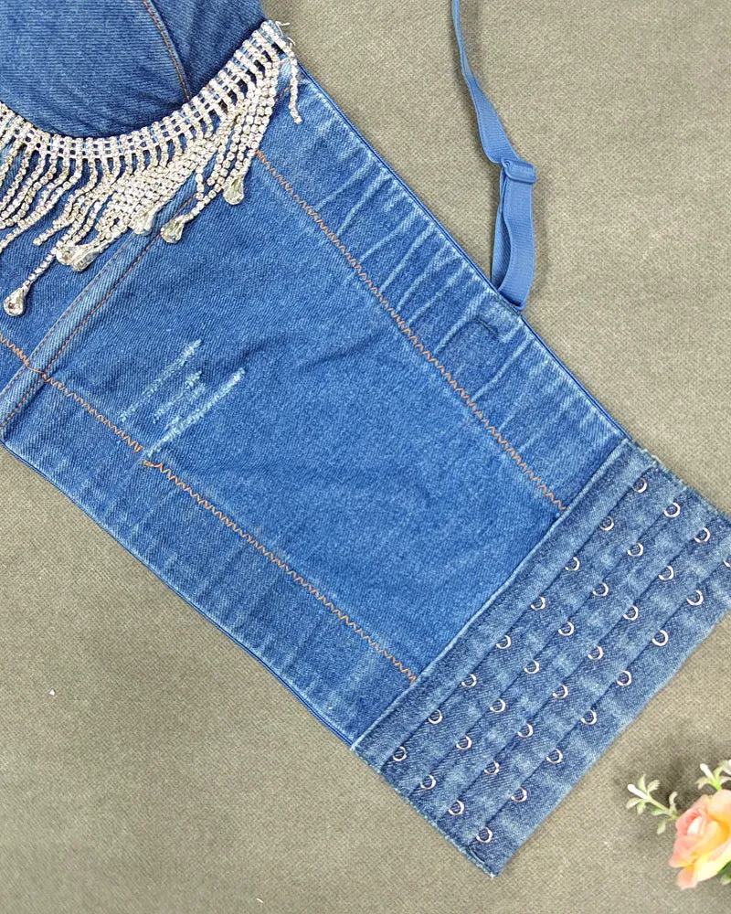 Slim Fit Denim Rhinestone Tassel Beaded Chest Wrap
