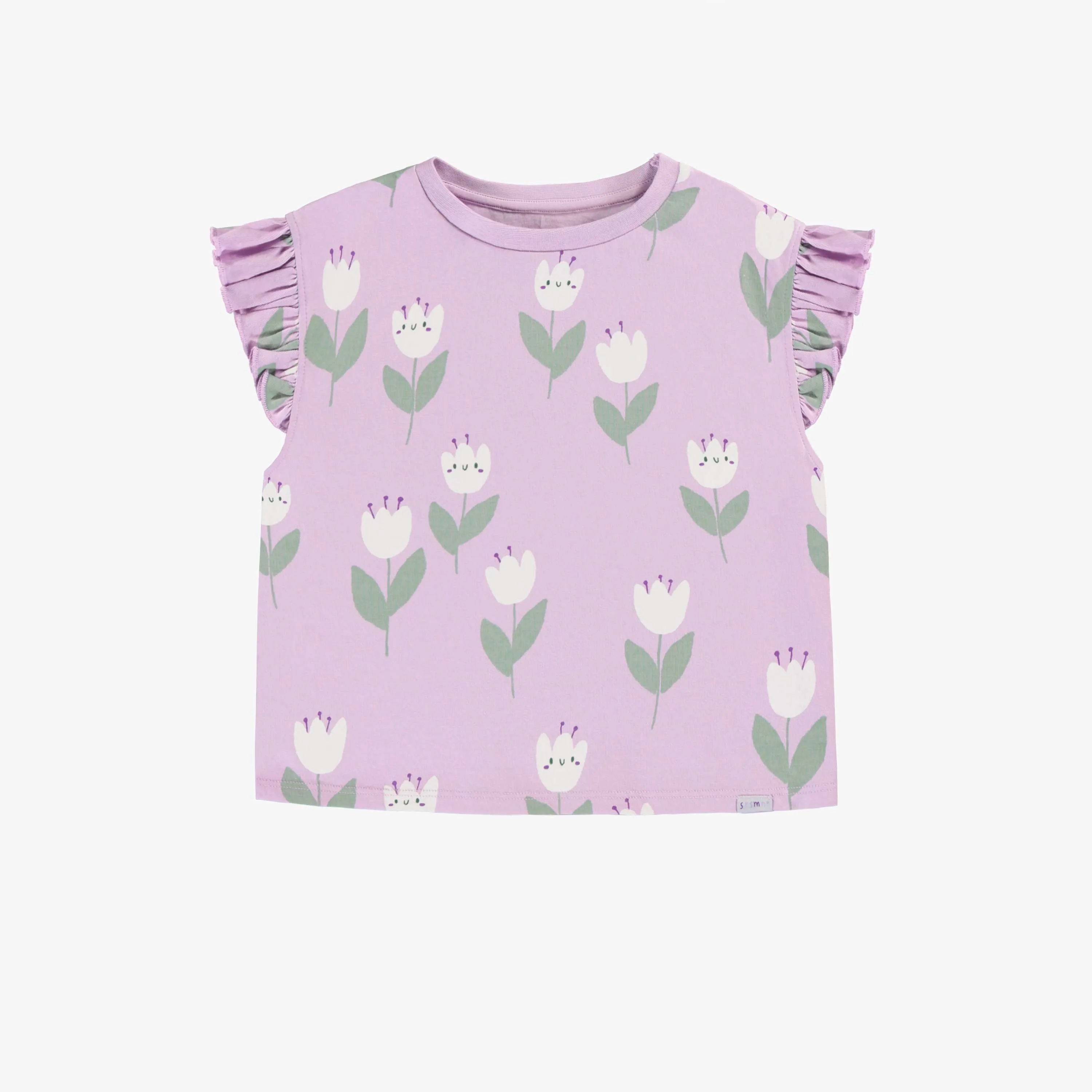 T-shirt ample lilas à motifs de jolies tulipes en jersey extensible, enfant || Loose-fitting lilac t-shirt with tulip all over print in stretch jersey, child
