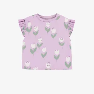 T-shirt ample lilas à motifs de jolies tulipes en jersey extensible, enfant || Loose-fitting lilac t-shirt with tulip all over print in stretch jersey, child