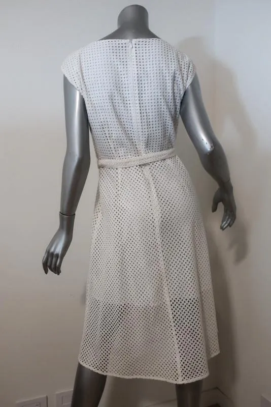 Theory Dress Afala White Eyelet Embroidered Cotton Size 6 Belted A-Line
