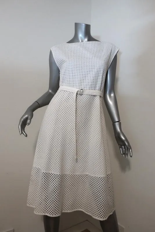 Theory Dress Afala White Eyelet Embroidered Cotton Size 6 Belted A-Line