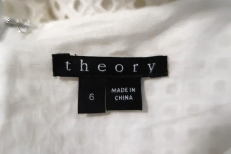 Theory Dress Afala White Eyelet Embroidered Cotton Size 6 Belted A-Line