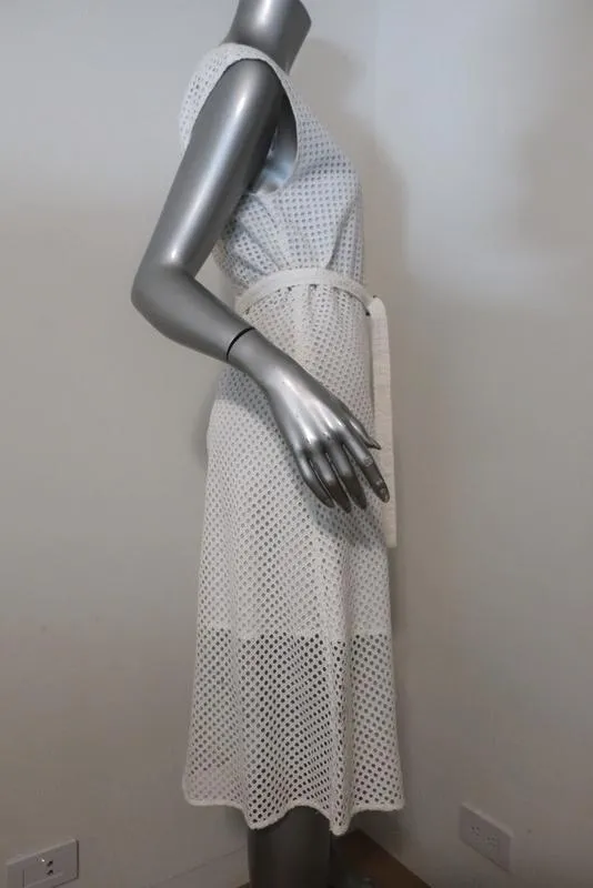 Theory Dress Afala White Eyelet Embroidered Cotton Size 6 Belted A-Line