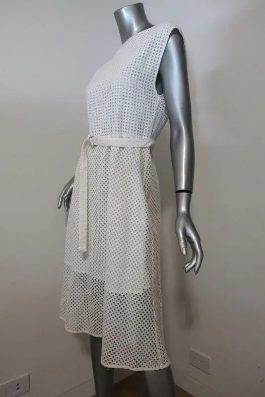 Theory Dress Afala White Eyelet Embroidered Cotton Size 6 Belted A-Line