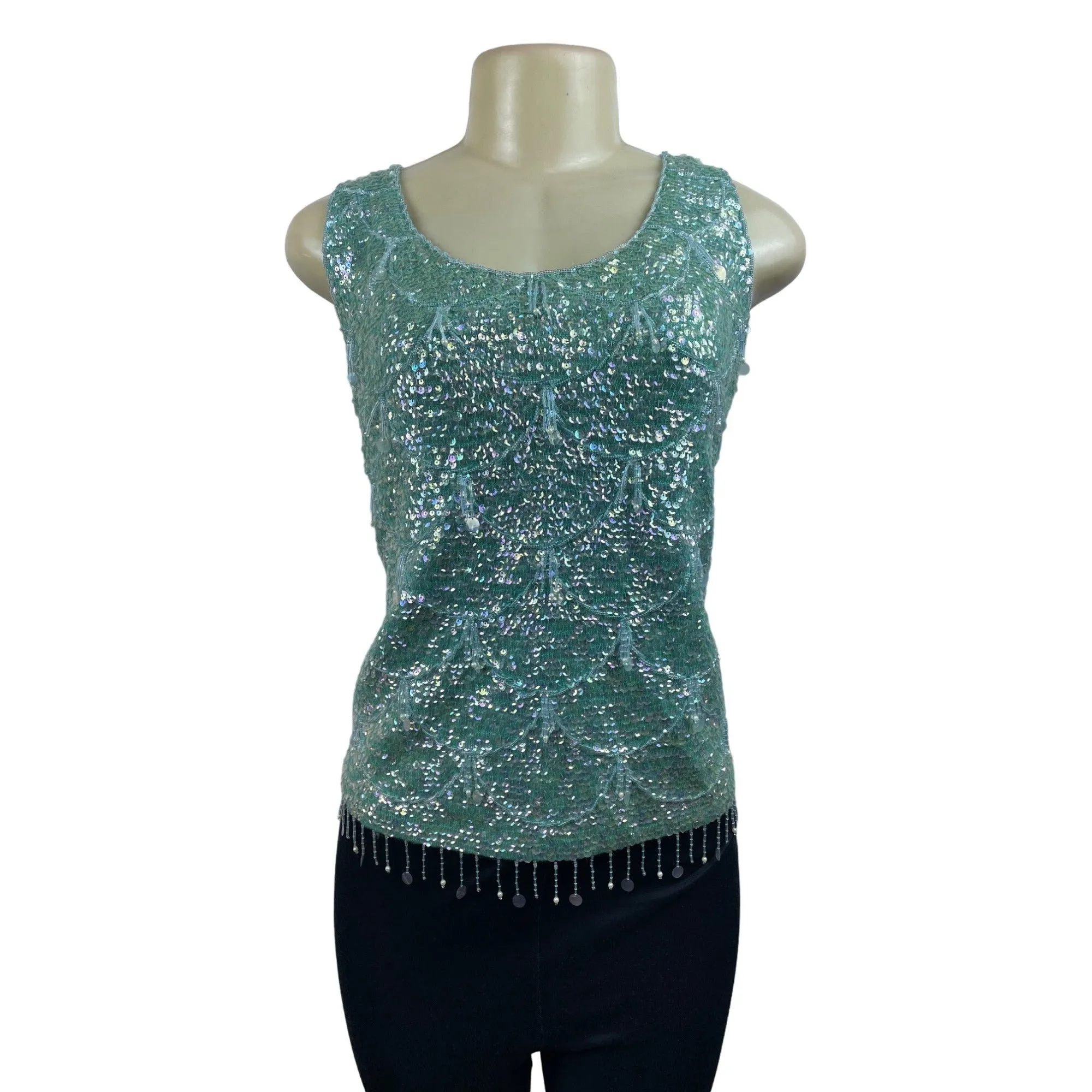 Vintage 60"s Unbranded Women’s Blue Sleeveless Sequin Wool Shirt Sz L