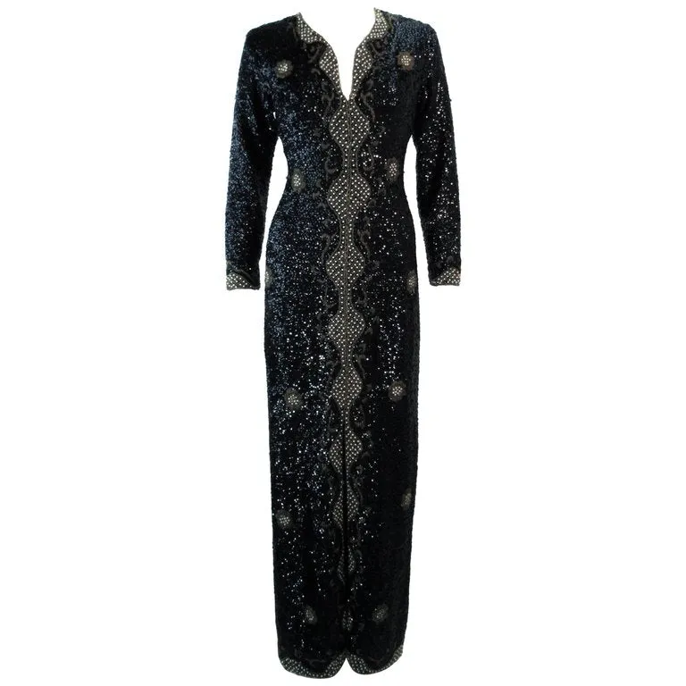 VINTAGE Circa 1960s Black & Gold Sequin Dress Size Medium