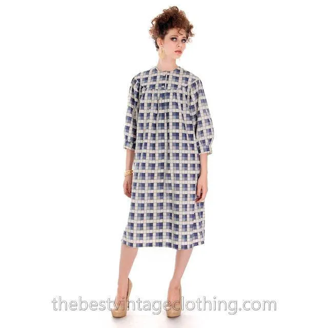 Vintage Marimekko STYLE Cotton Baby Doll Dress Cotton Blue Plaid 1960s S-L