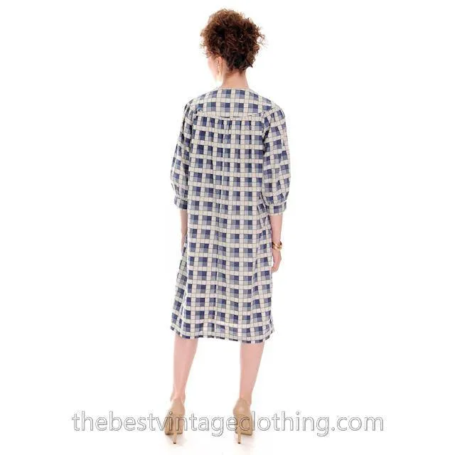 Vintage Marimekko STYLE Cotton Baby Doll Dress Cotton Blue Plaid 1960s S-L