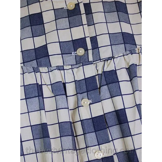 Vintage Marimekko STYLE Cotton Baby Doll Dress Cotton Blue Plaid 1960s S-L