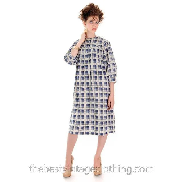 Vintage Marimekko STYLE Cotton Baby Doll Dress Cotton Blue Plaid 1960s S-L