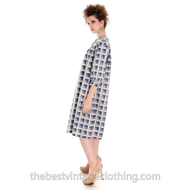 Vintage Marimekko STYLE Cotton Baby Doll Dress Cotton Blue Plaid 1960s S-L