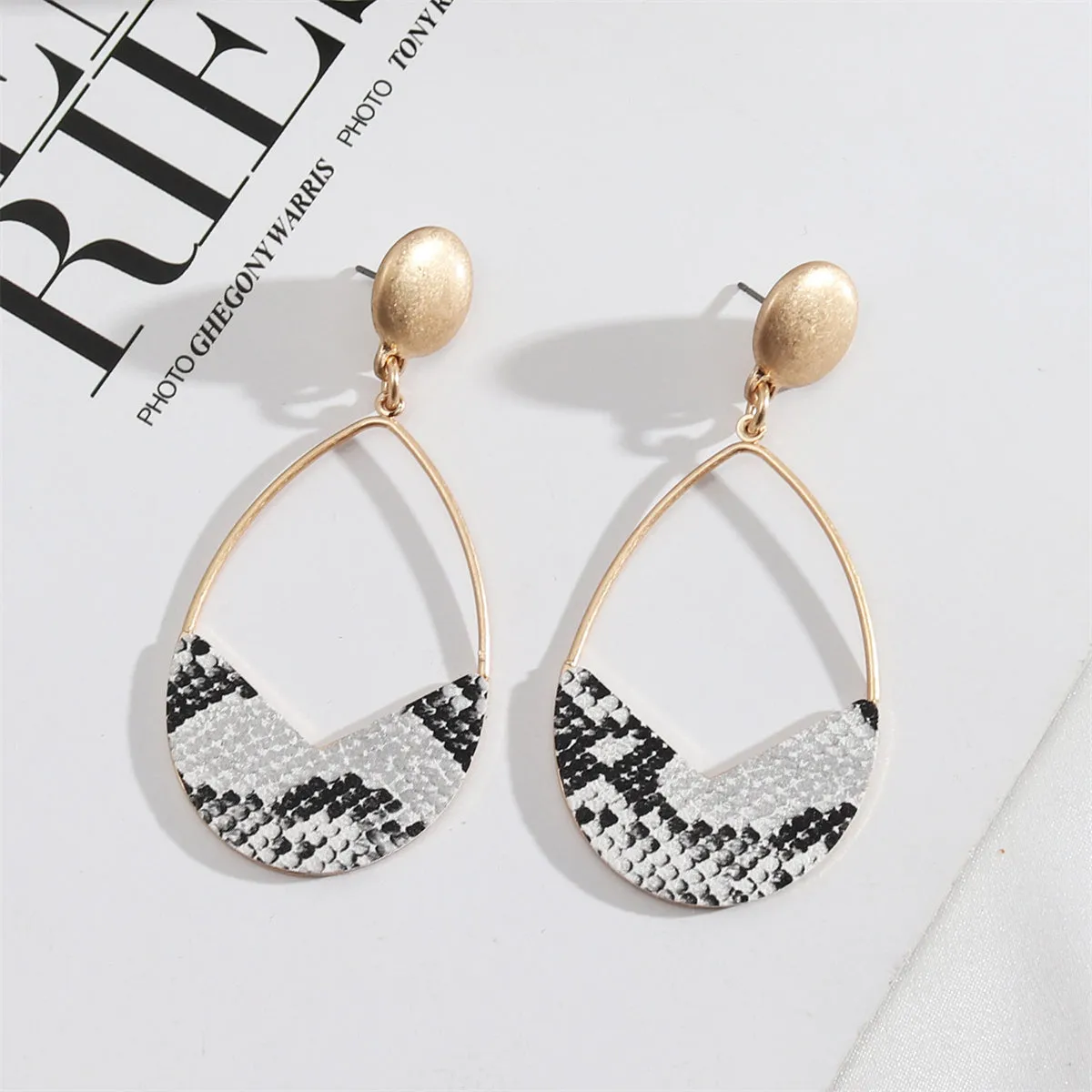 White & Gray Polystyrene 18K Gold-Plated Snake-Embossed Open Teardrop Earrings