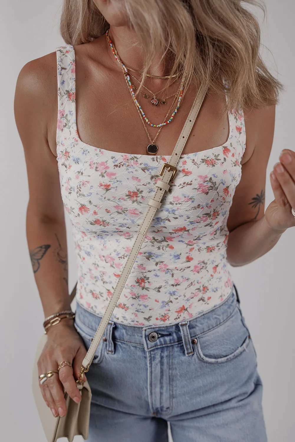 White Floral Textured Square Neck Sleeveless Bodysuit