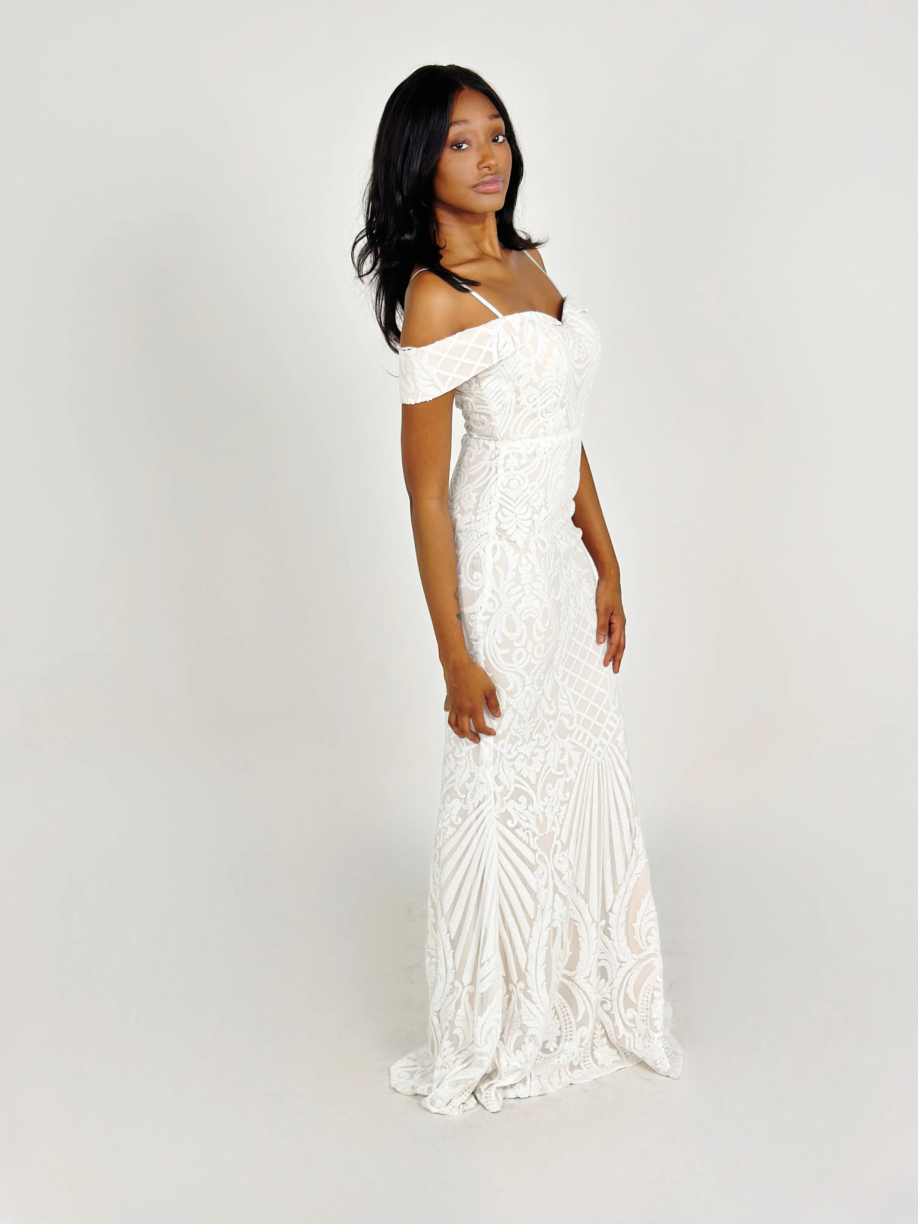 White Off Shoulder Sequin Maxi Dress