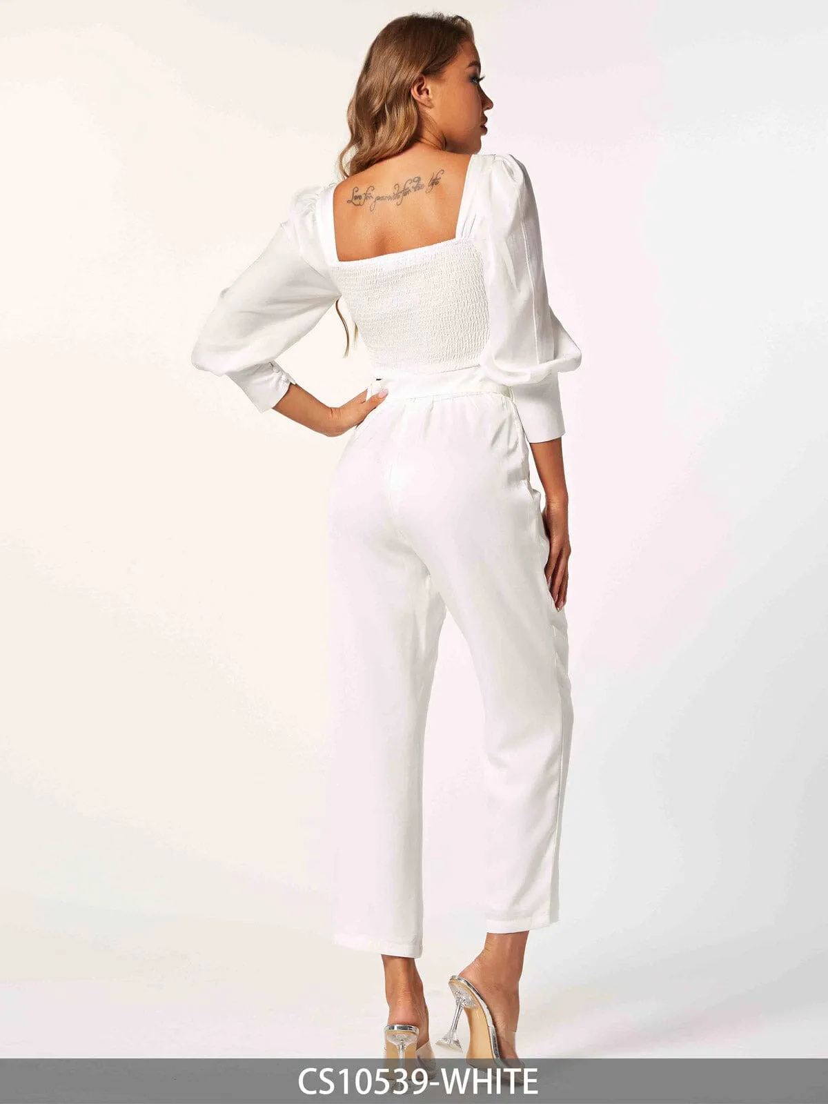 WOMEN'S 3/4 SLEEVE CROP TOP & BELTED PANTS 2PC. SET