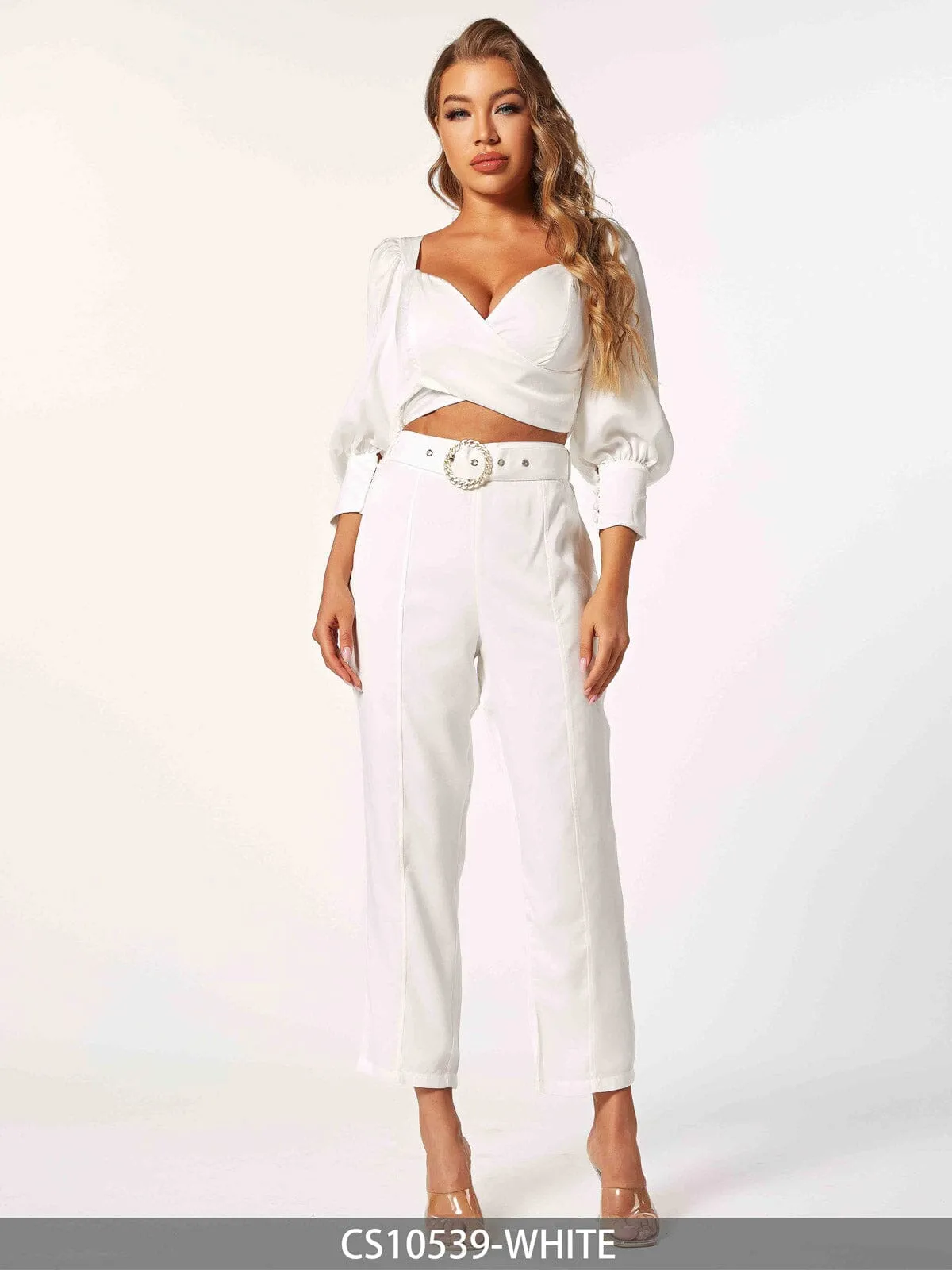 WOMEN'S 3/4 SLEEVE CROP TOP & BELTED PANTS 2PC. SET