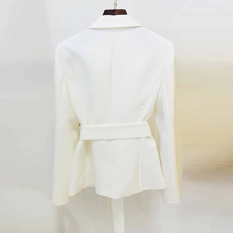 Women's Belted Embroidery Flare Sleeves White / Black Blazer Jacket Formal Event Blazer