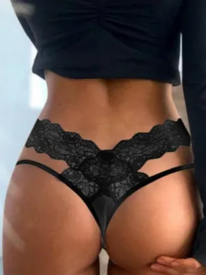 Women's Black Lace Scalloped Thong