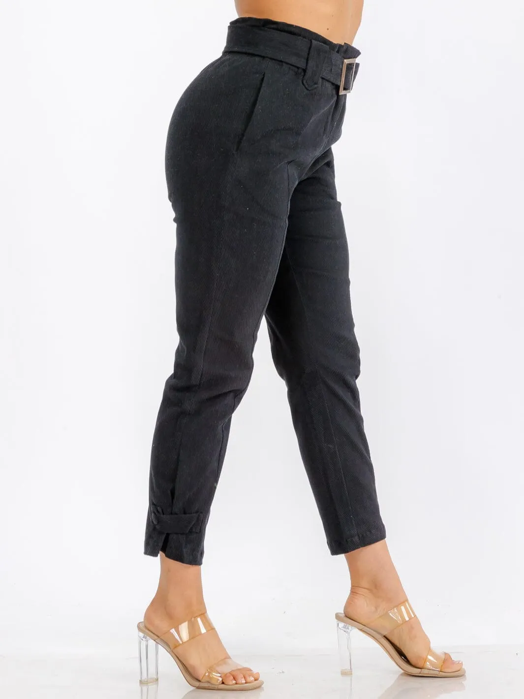 WOMEN'S BUTTON CLOSURE POCKETS BELTED PANTS