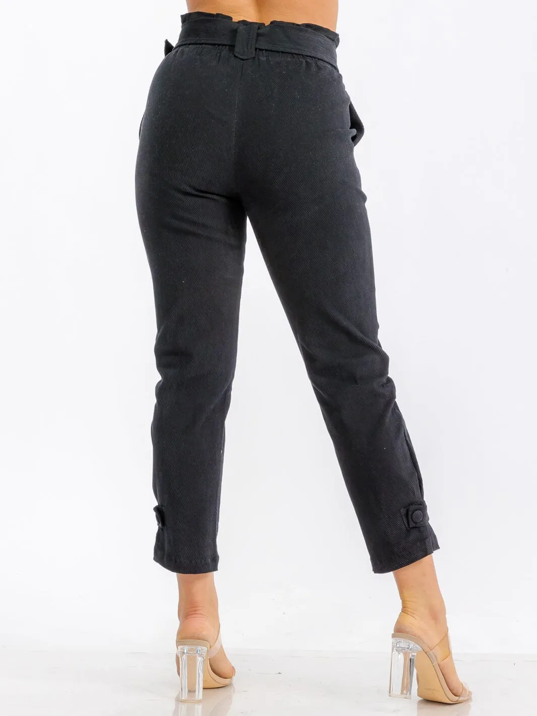 WOMEN'S BUTTON CLOSURE POCKETS BELTED PANTS