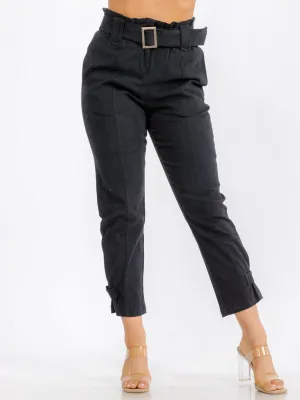 WOMEN'S BUTTON CLOSURE POCKETS BELTED PANTS