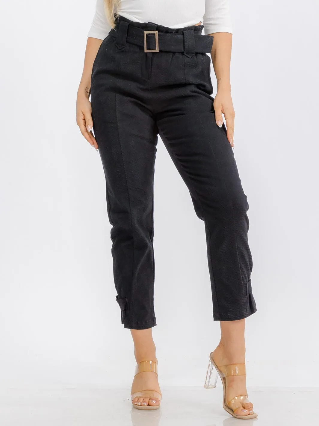 WOMEN'S BUTTON CLOSURE POCKETS BELTED PANTS
