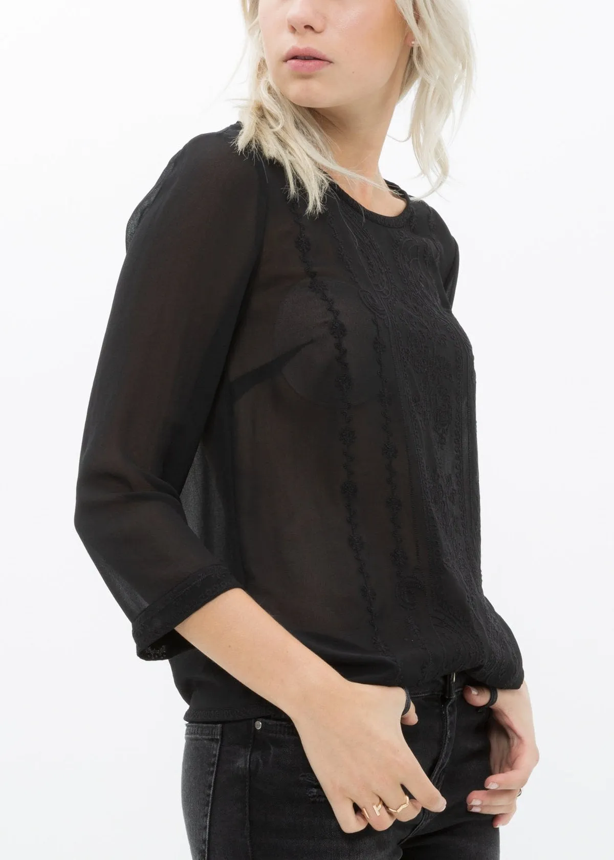 Women's Embossed Long Sleeve Sheer Top