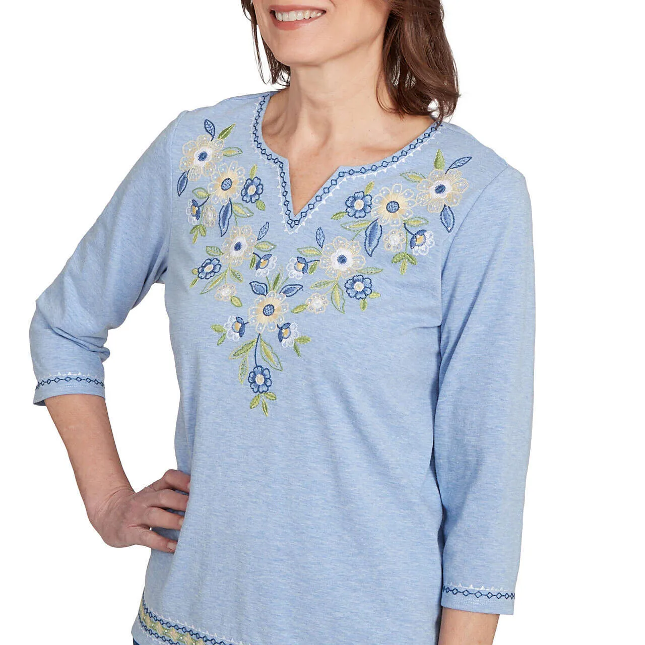Women's Embroidered Daisy Split Neckline Top - 91452