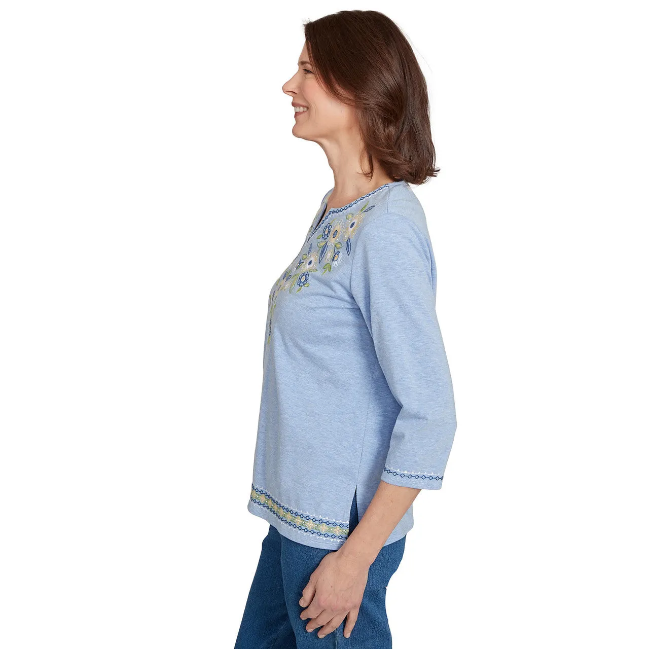 Women's Embroidered Daisy Split Neckline Top - 91452