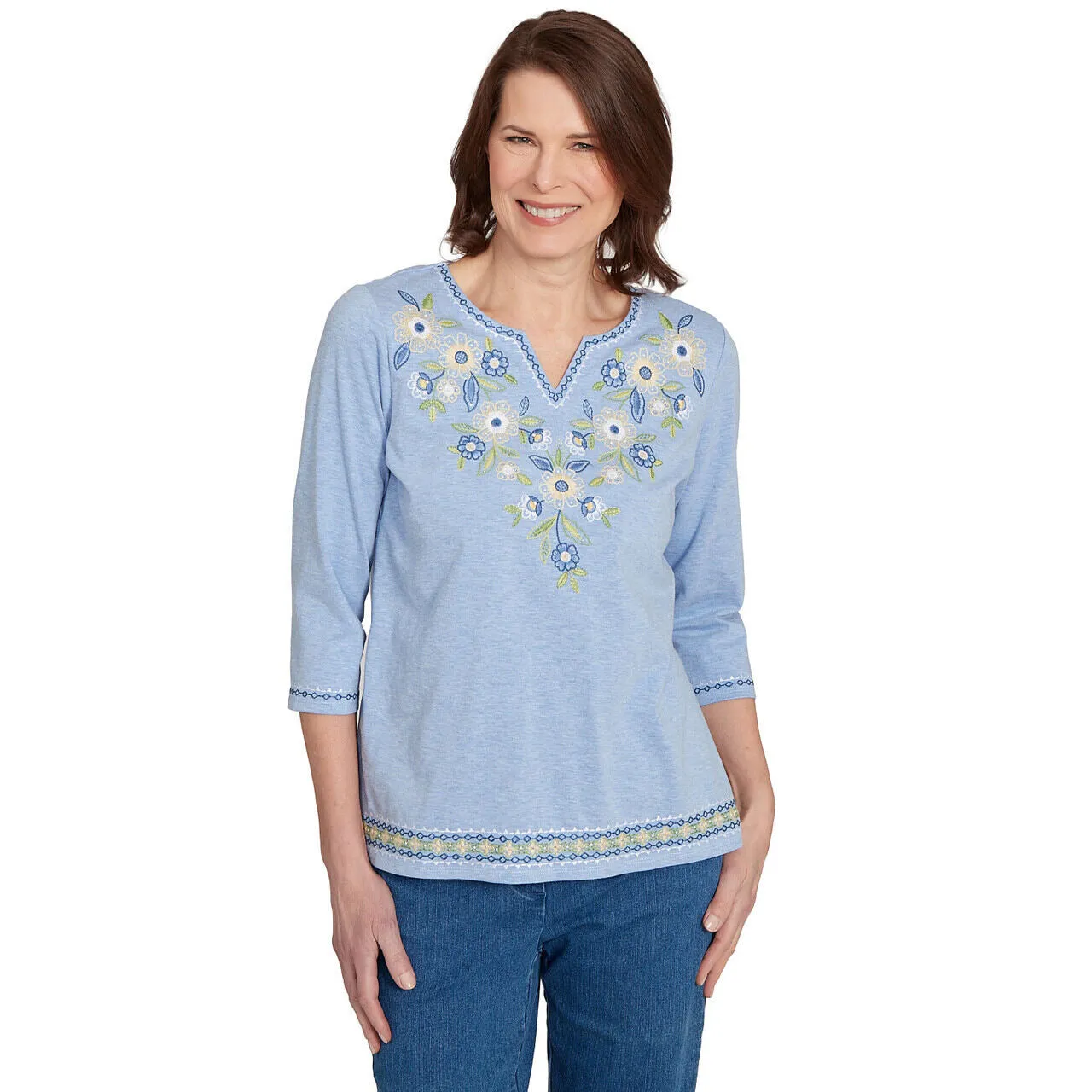 Women's Embroidered Daisy Split Neckline Top - 91452