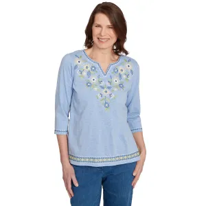 Women's Embroidered Daisy Split Neckline Top - 91452