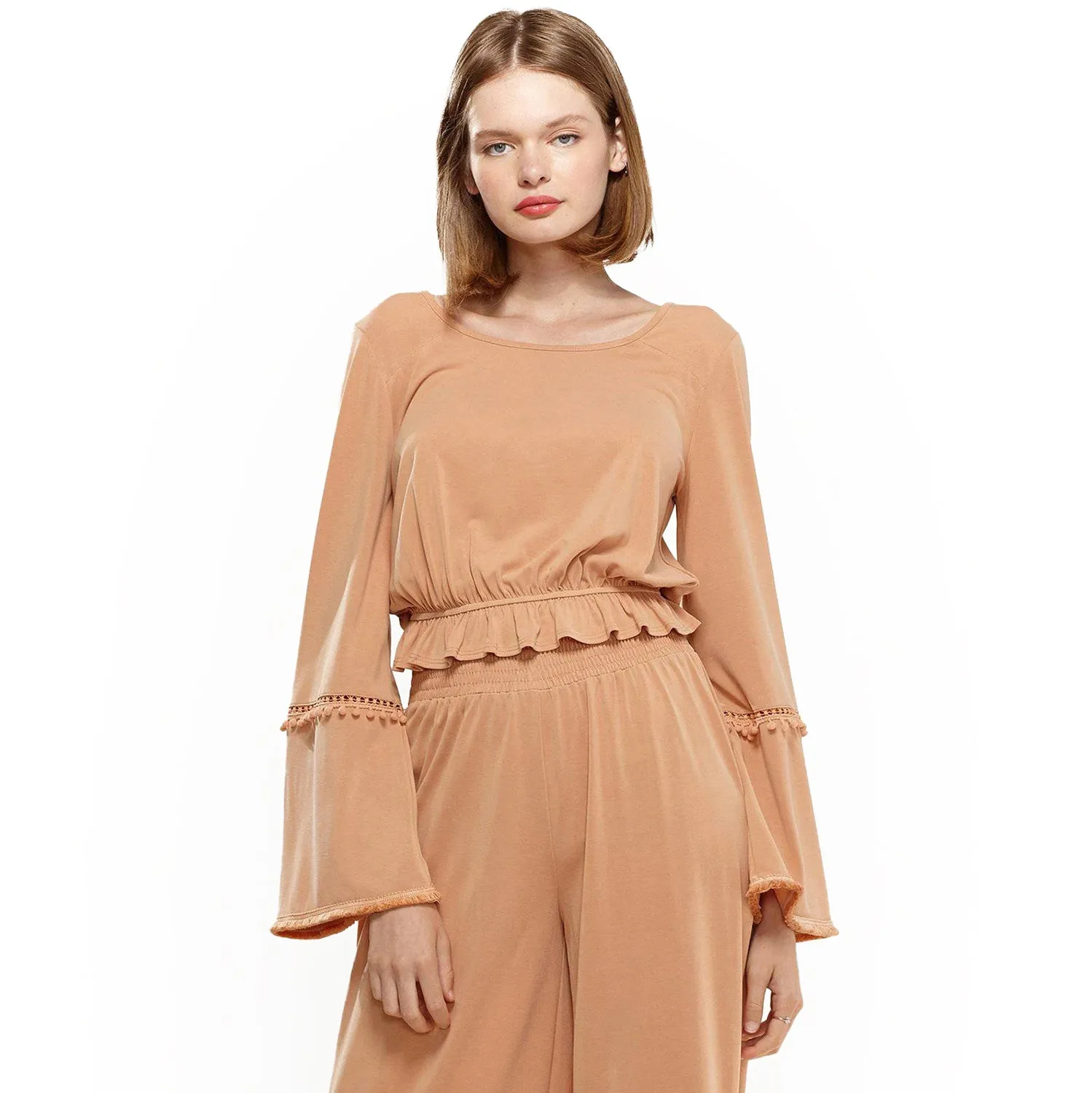 Women's Fringe Cuff Bell Sleeve Top in Apricot