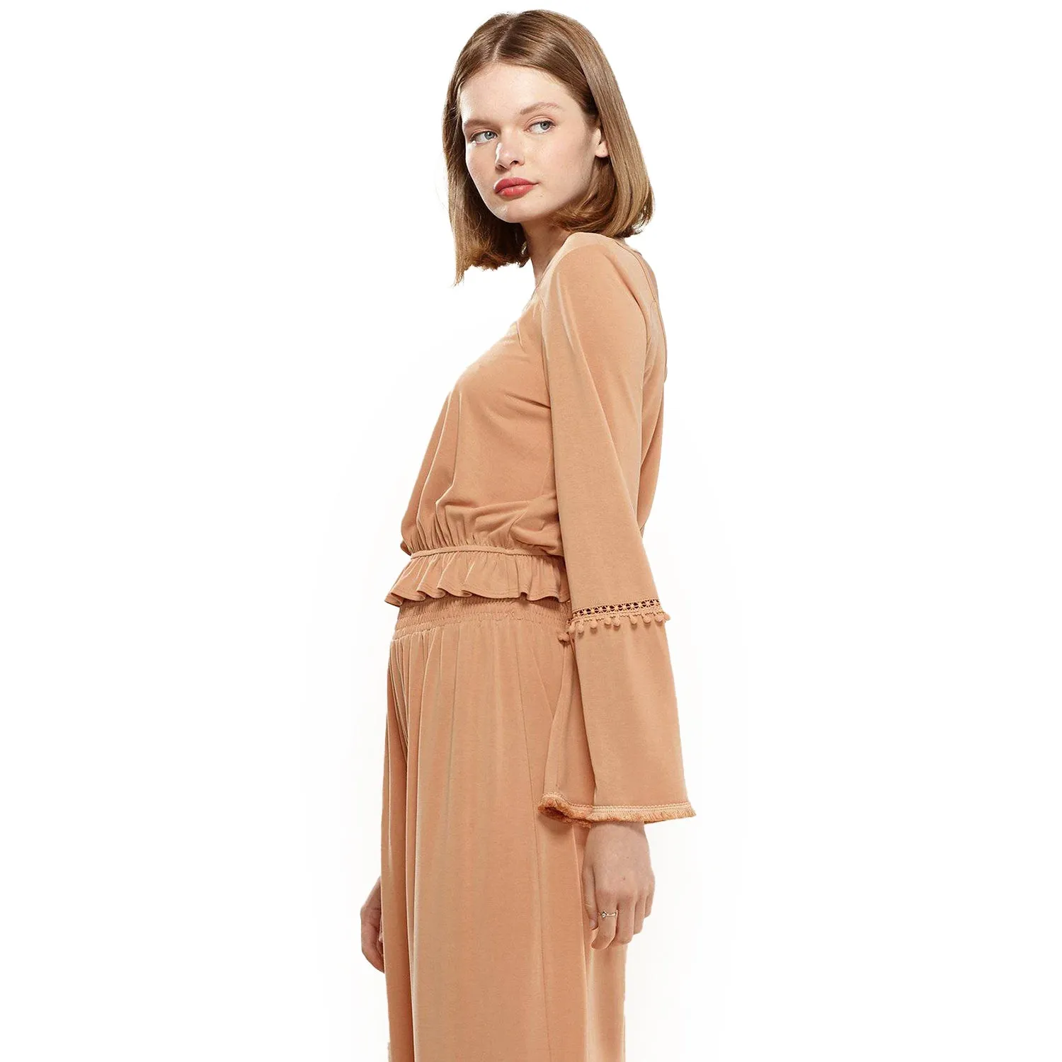 Women's Fringe Cuff Bell Sleeve Top in Apricot