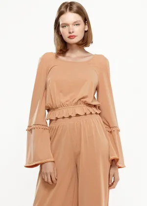 Women's Fringe Cuff Bell Sleeve Top in Apricot