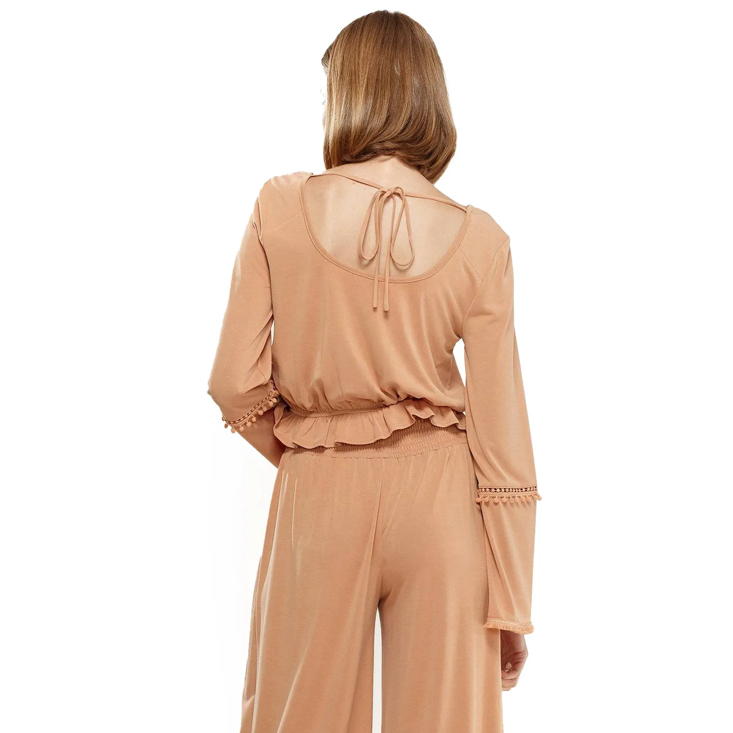 Women's Fringe Cuff Bell Sleeve Top in Apricot