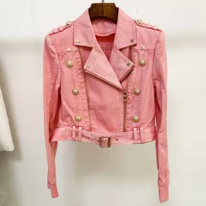 Women's Golden Lion Buttons Belted Denim Biker Jacket Coat Pink